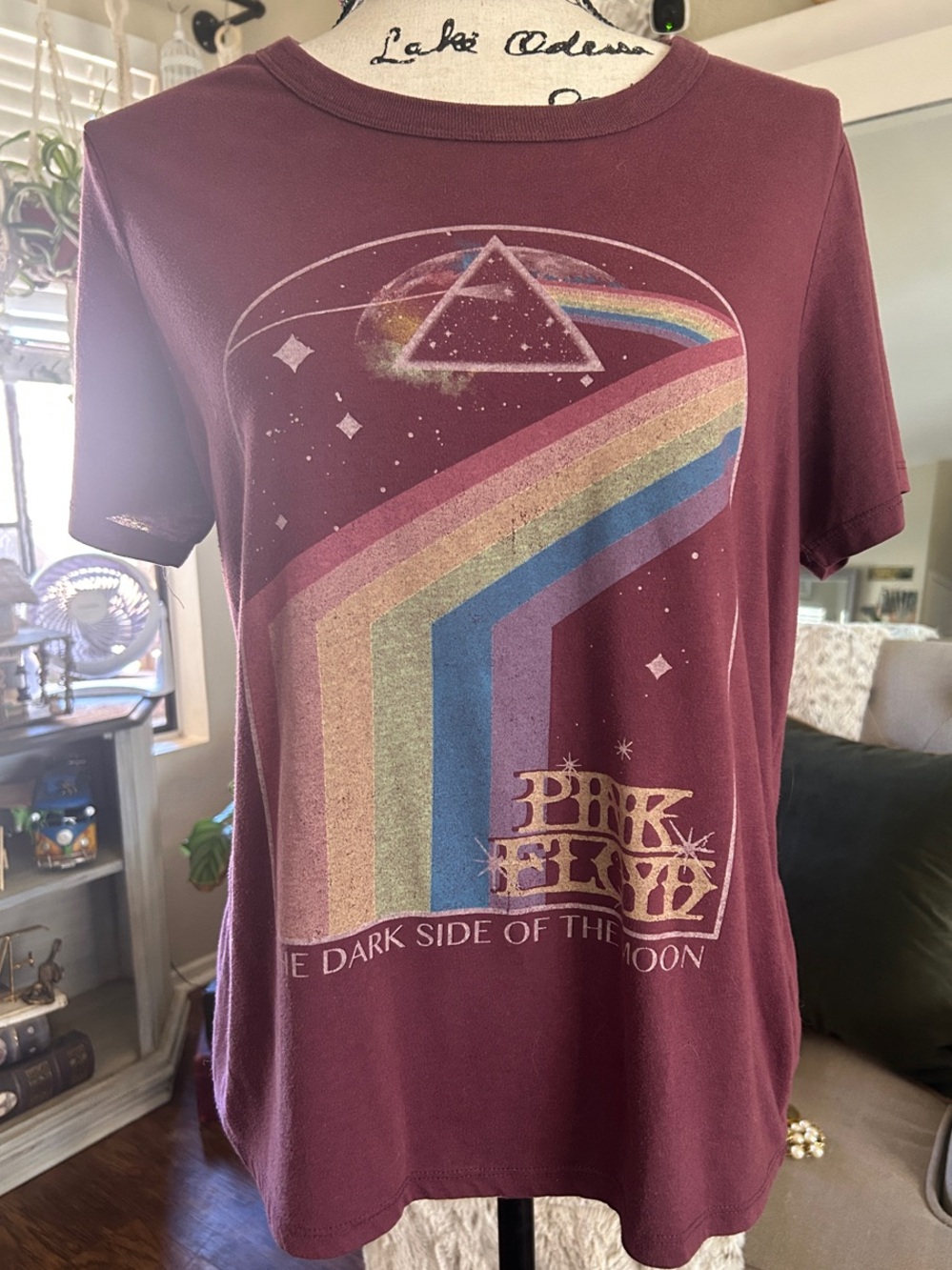 Pink Floyd Burgundy Short Sleeve Tee with Rainbow Prism Graphic